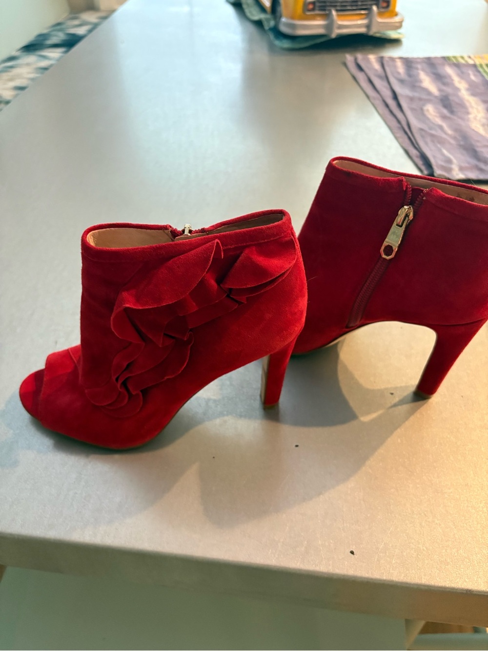 Louise et Cie Red Suede Ruffle Peep-Toe Ankle Booties